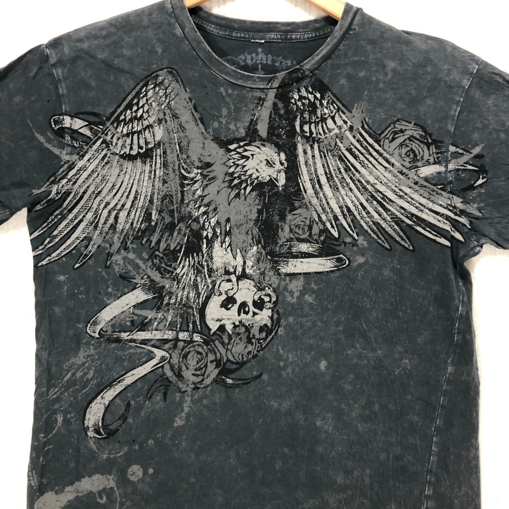Departed Mens Acid Wash‎ Eagle Skull Graphic T-Shirt Charcoal Grey Large